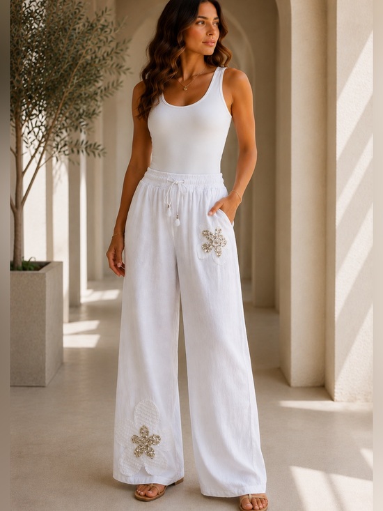 European Muse Collection Pants - SM169 | Made in Italy | 100% Linen Floral Wide-Leg Pants